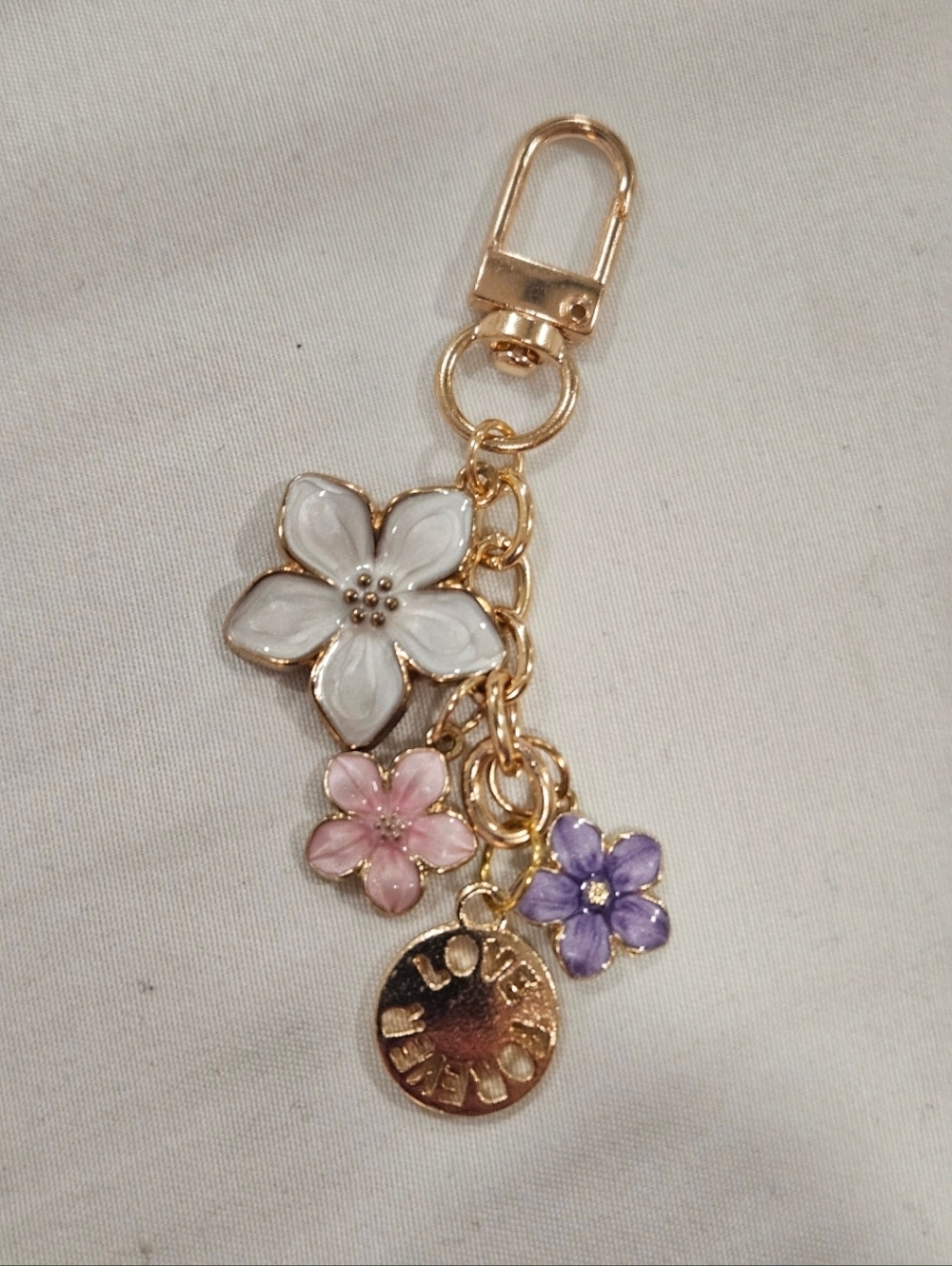 Gold Floral Bag Charm Keychain with White, Pink & Purple Flowers
